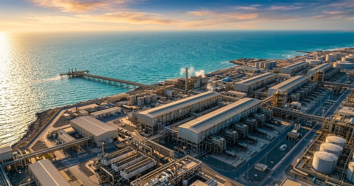 Aerial view of a large coastal desalination plant with seawater intake structures